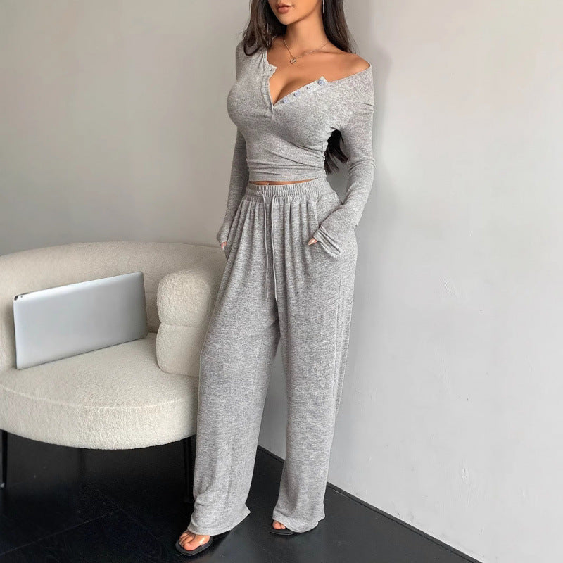 Women's V-Neck Buttoned Long Sleeve Pants