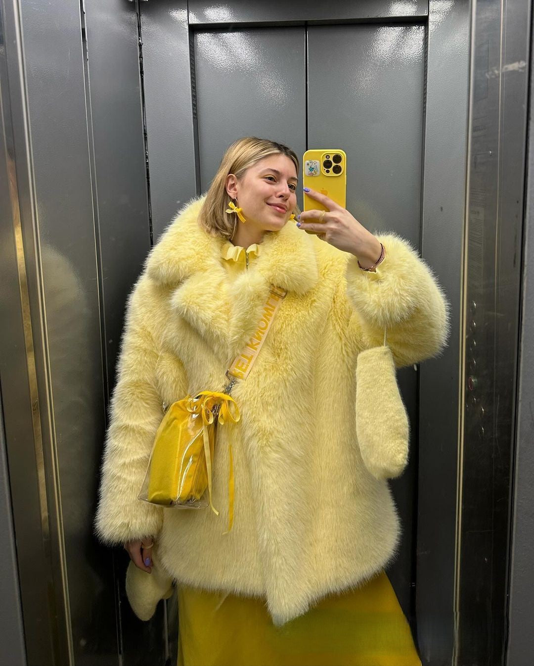 Women's Faux Fur Mid-Length Coat with Extended Collar