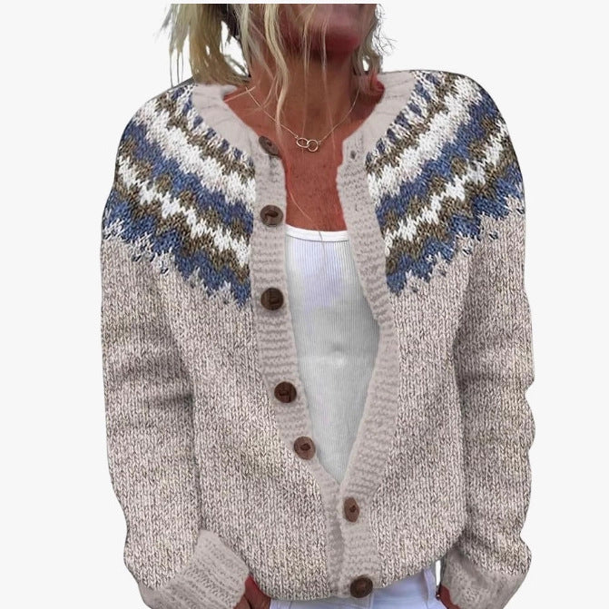 Ethnic Jacquard Knit Cardigan Women Long Sleeve Retro Style