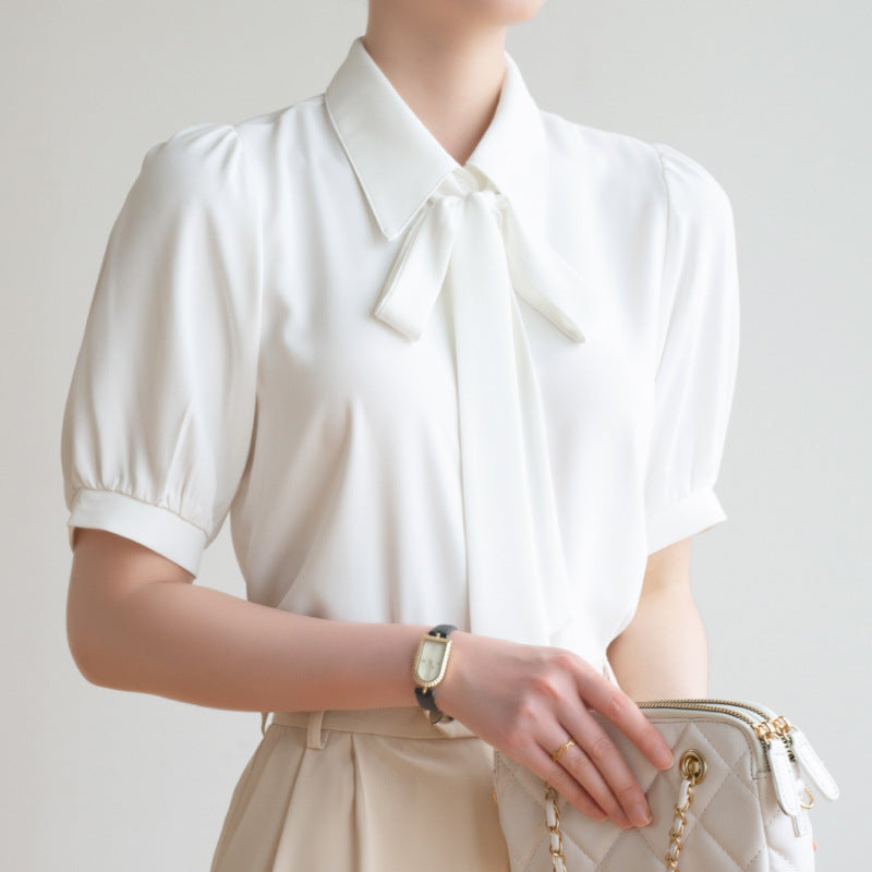Women's Bow Ribbon Chiffon Shirt - Puff Sleeve