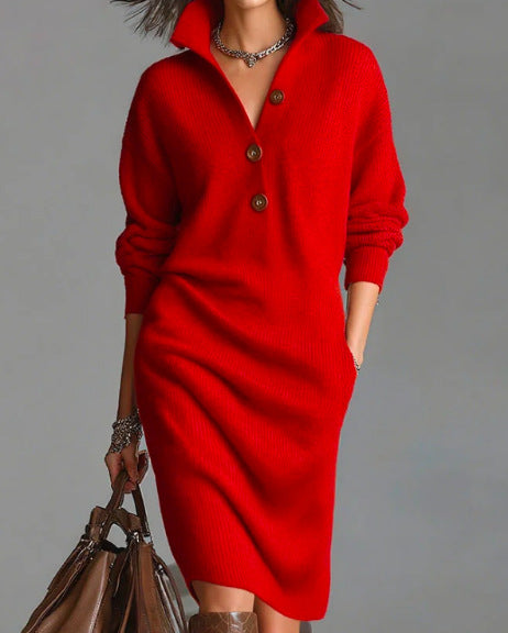 Casual collared loose-fitting mid-length sweater dress