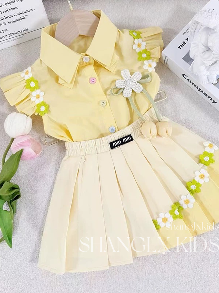 Girls' preppy floral pleated outfit - Two-piece set top and skirt