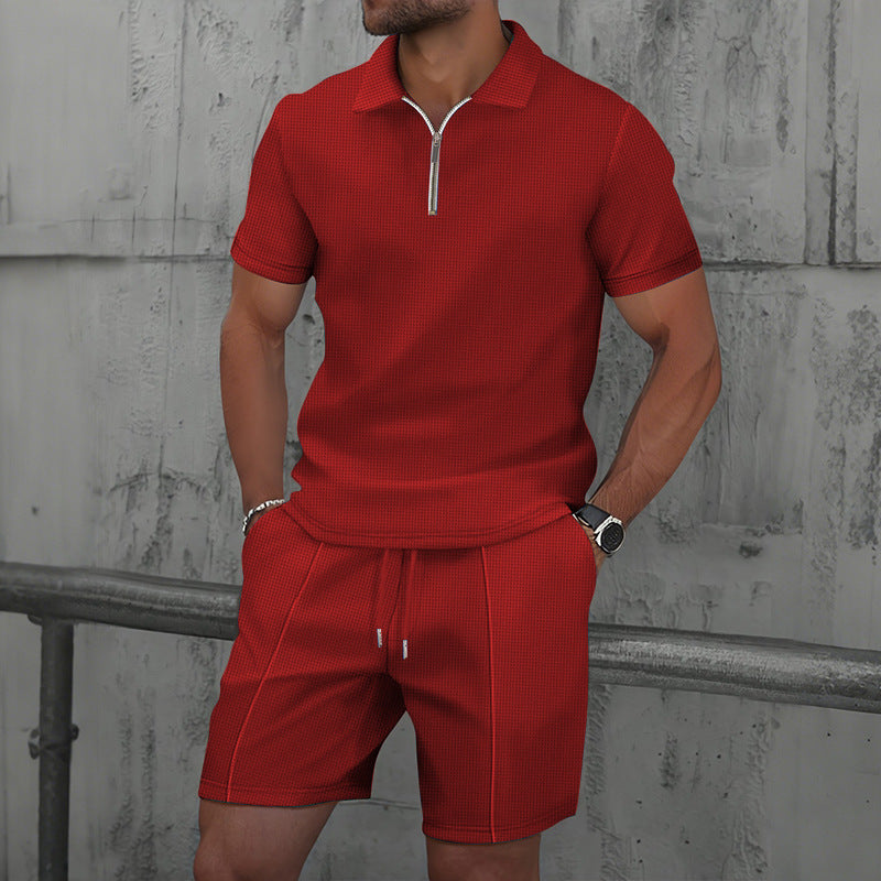 Waffle Fabric Men's Short Sleeve Polo Suit
