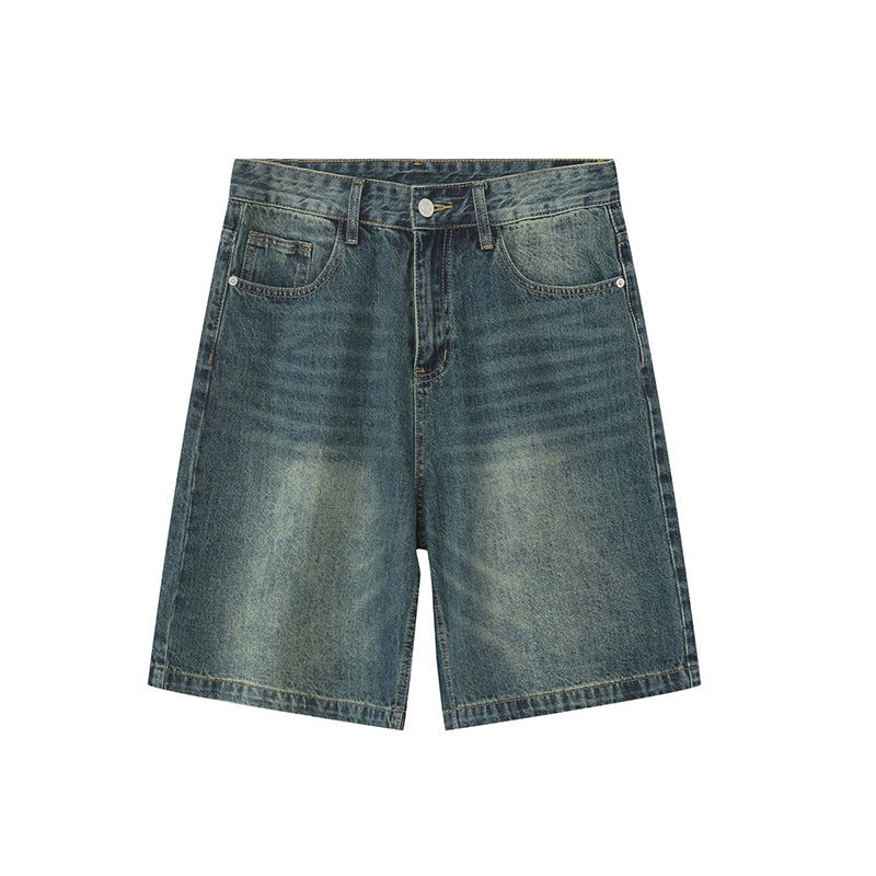 Distressed blue denim shorts