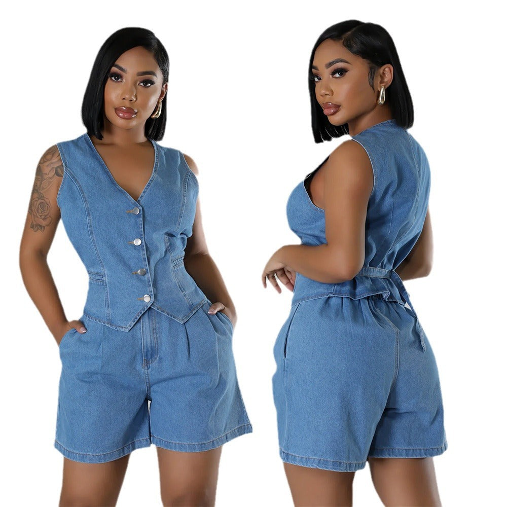 Short denim shorts with no sleeves and a high waist