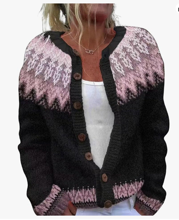 Ethnic Jacquard Knit Cardigan Women Long Sleeve Retro Style