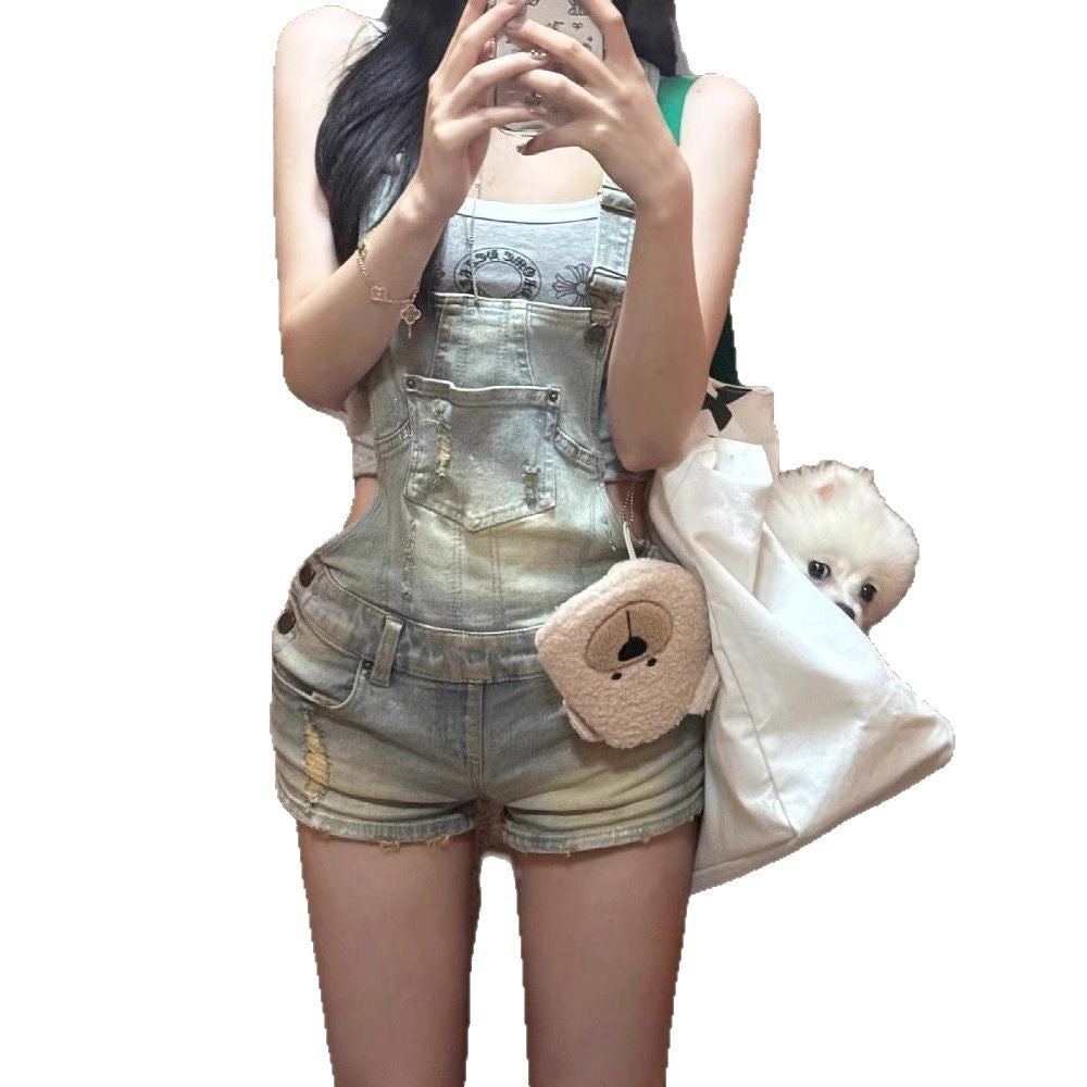 Women's denim overall shorts