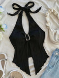 V-neck collarless short-sleeved top