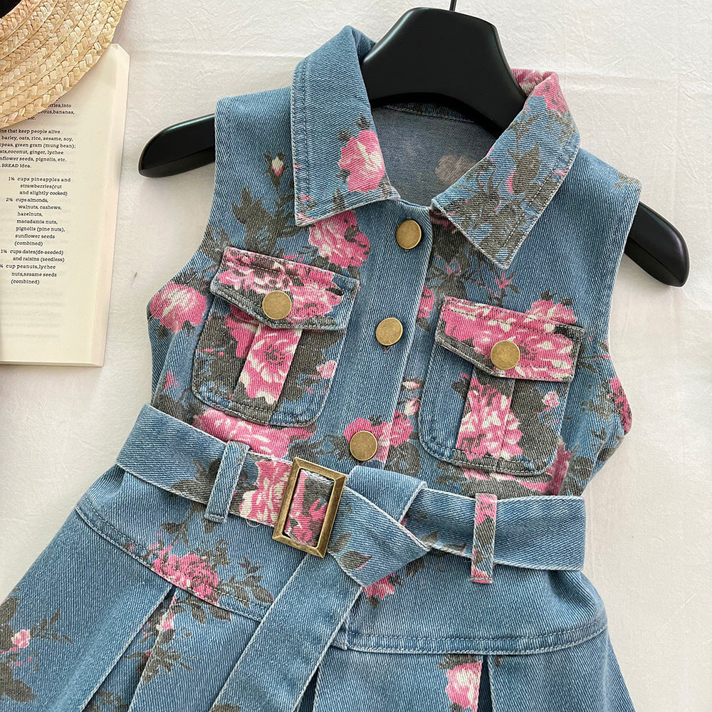 Girl's Sleeveless Floral Print Denim Dress