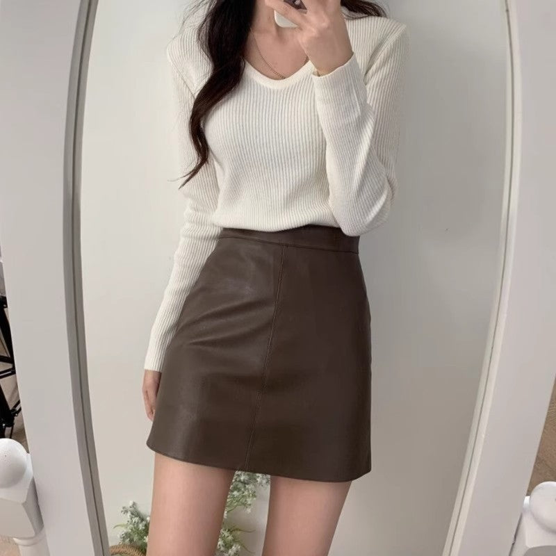 High Waist PU Leather A-Line Skirt