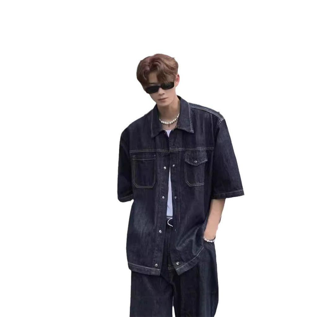 Denim Shirt Short Sleeve Men's Retro Washed