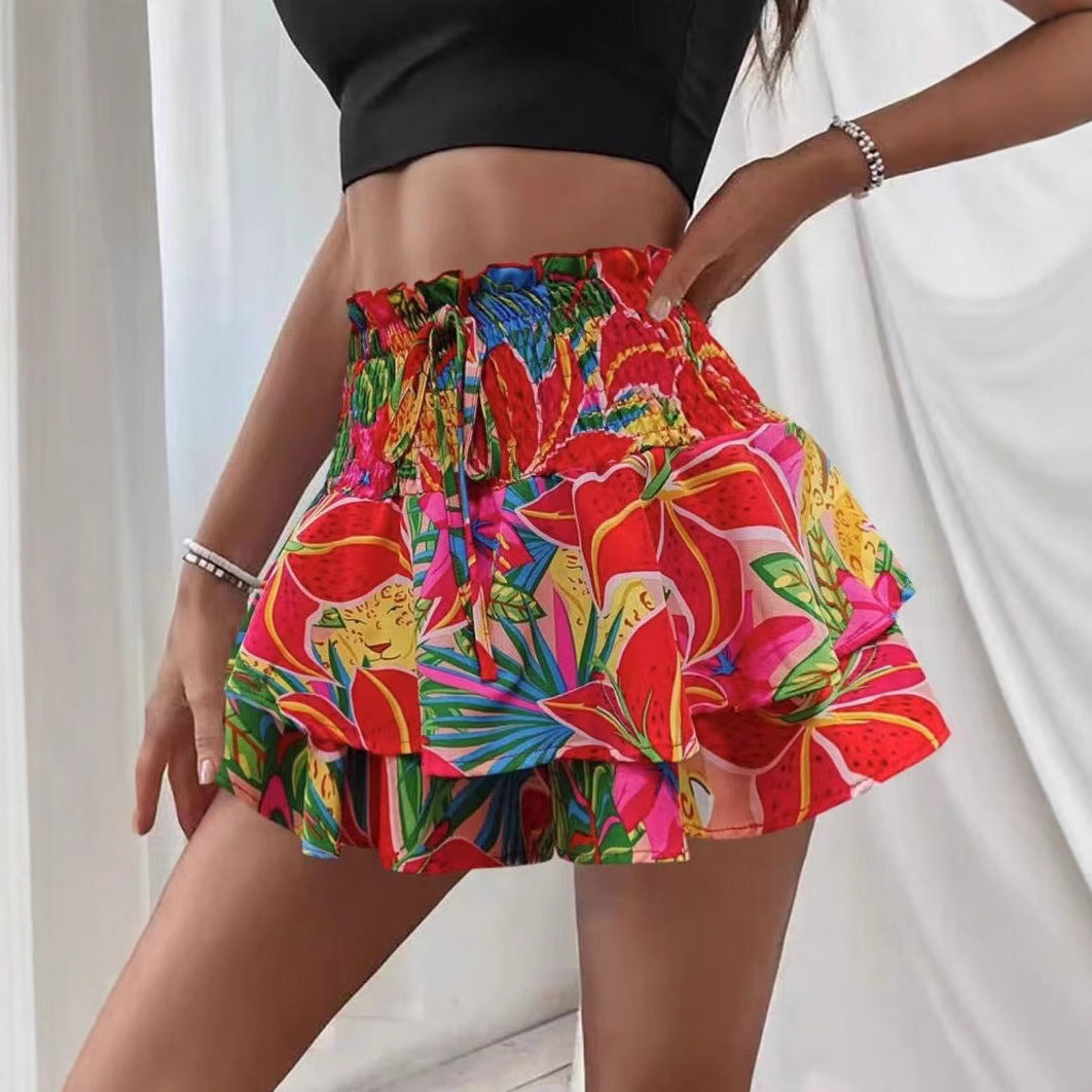 Printed Wide-leg High Waist Casual Shorts