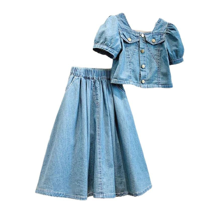 Girls' French Style Denim Skirt Suit - Two-Piece Skirt Suit
