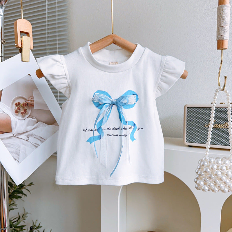 Girls Short Sleeve Bow Plaid Skirt Set
