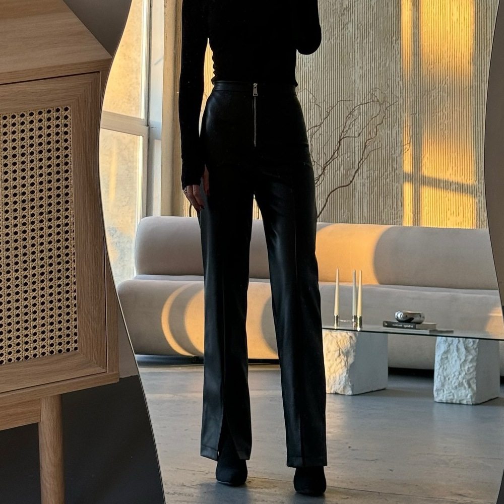 Womens High Waisted PU Leather Wide Leg Pants