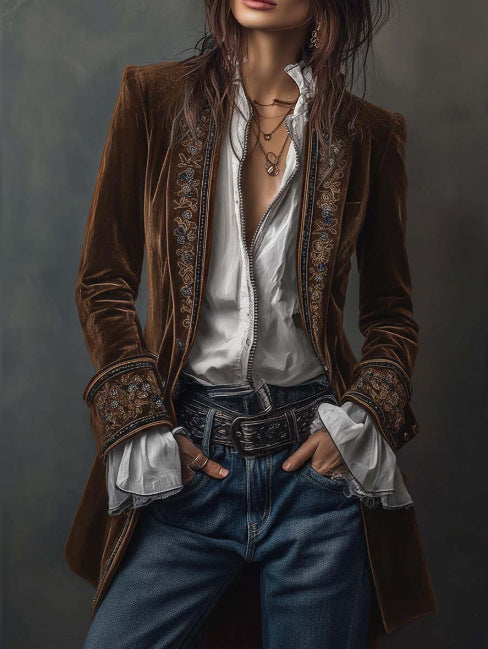 Long Sleeve Solid Color Patchwork Gold Velvet Jacket