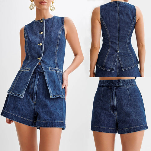 Women's Denim Sleeveless Top and Shorts Set