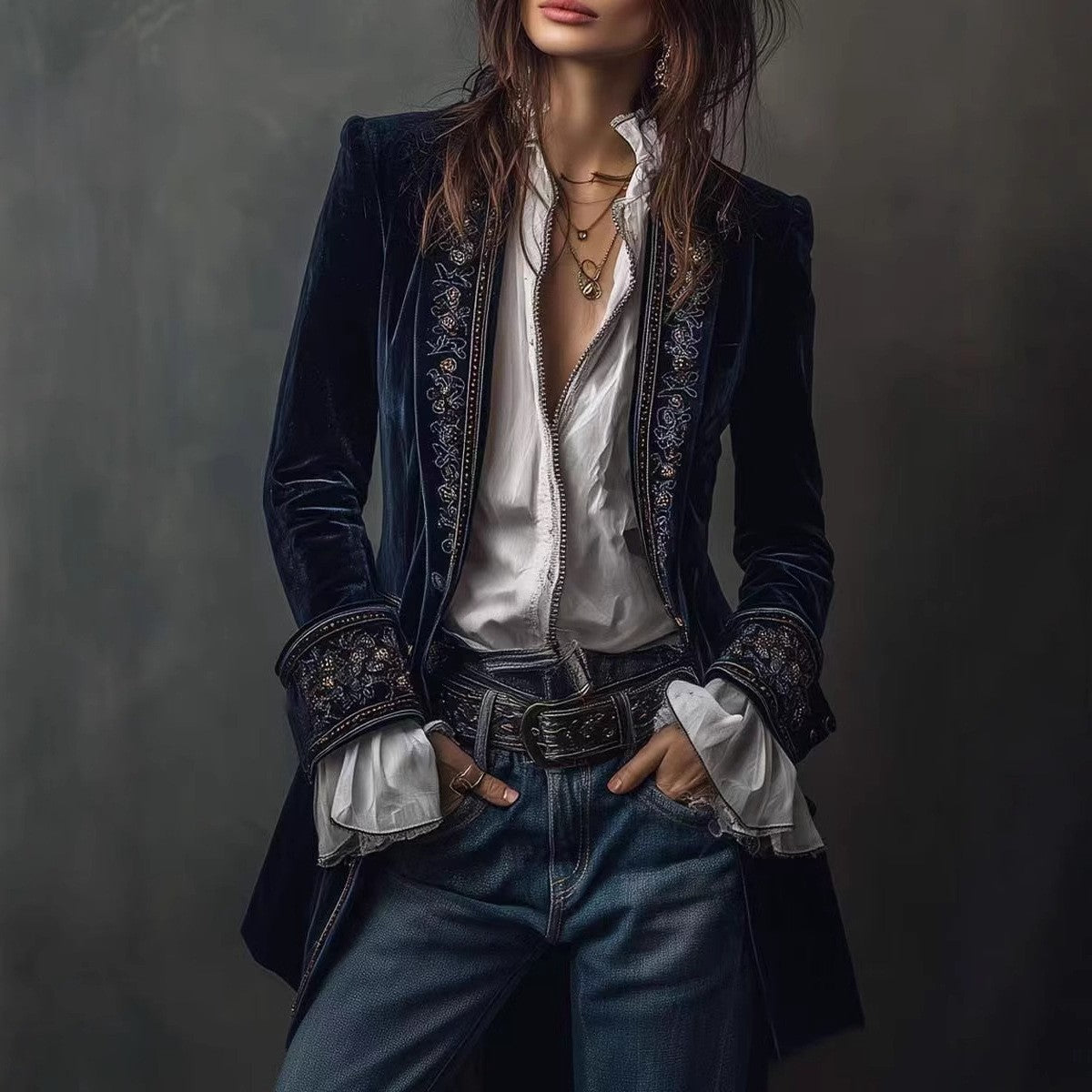 Long Sleeve Solid Color Patchwork Gold Velvet Jacket