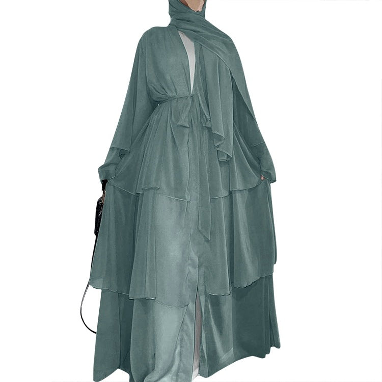 Stitching three-layer chiffon elegant cardigan dress robe
