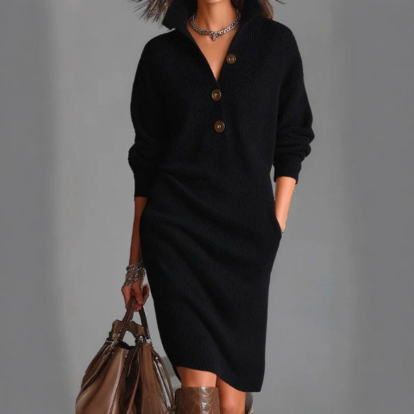 Casual collared loose-fitting mid-length sweater dress