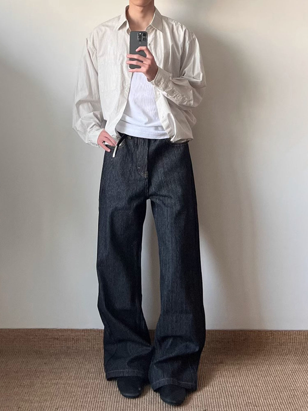 Jeans - Washed straight-leg wide-leg with slight ruffles