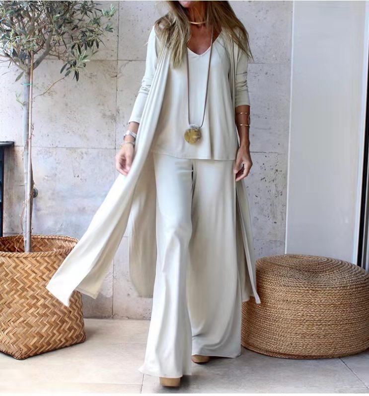 Women's Loose Fit Three-Piece Set - Camisole, Long Cardigan, and Straight-Leg Trousers