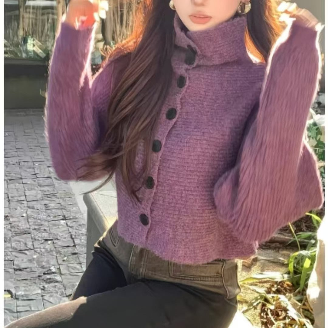 Loose Fit High Neck Long Sleeve Knit Cardigan