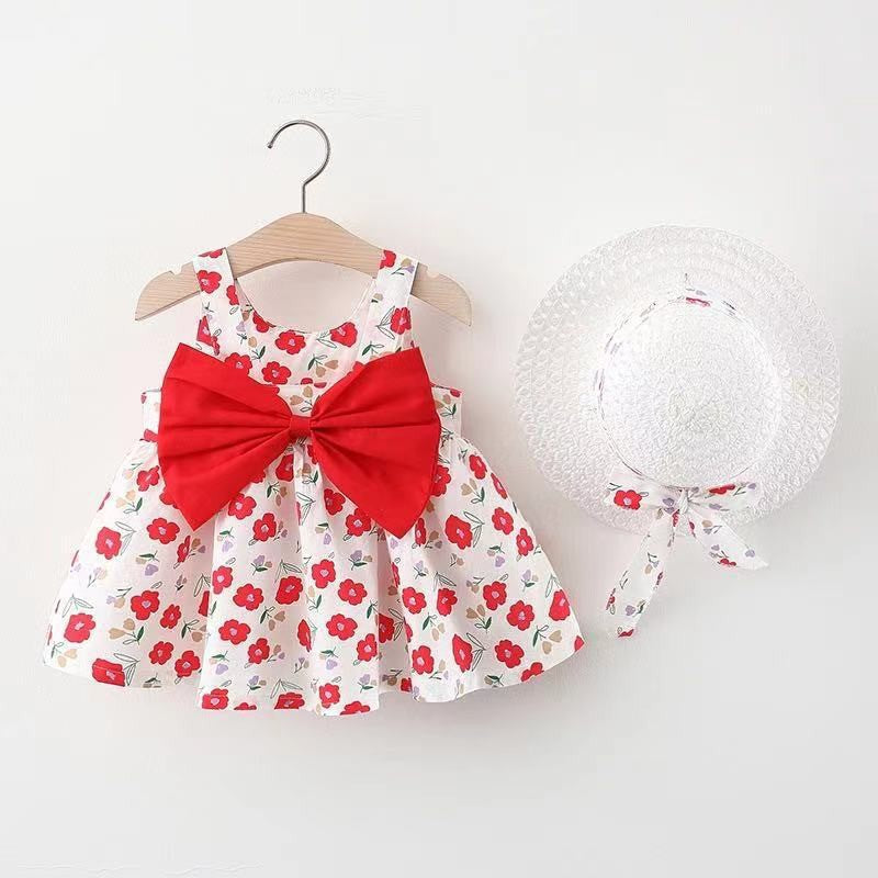 Girls' Summer Sleeveless Bow Dress with Hat