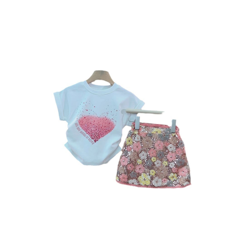 Round Neck Sequin Flora Skirt