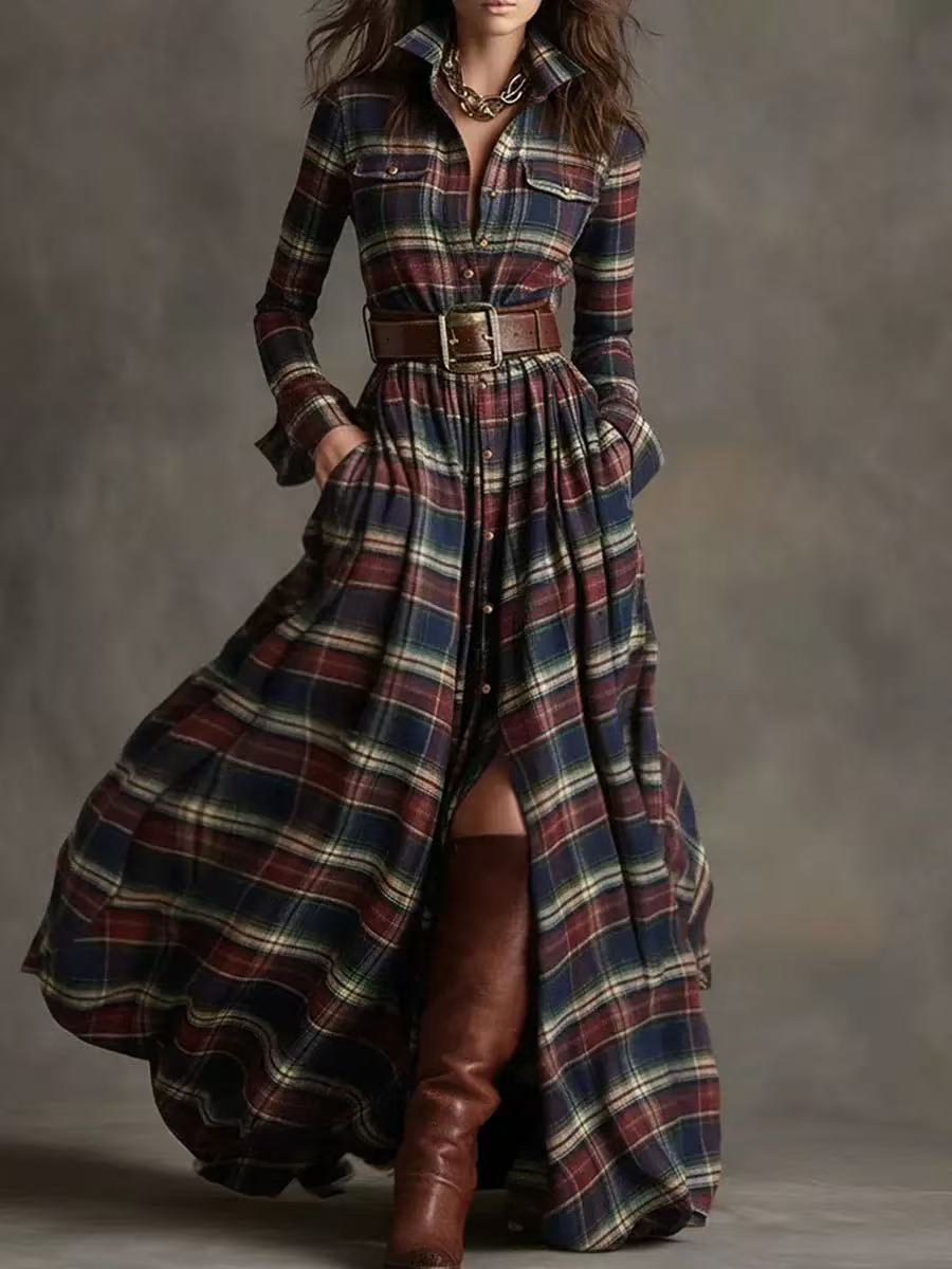 Retro plaid slimming asymmetrical dress