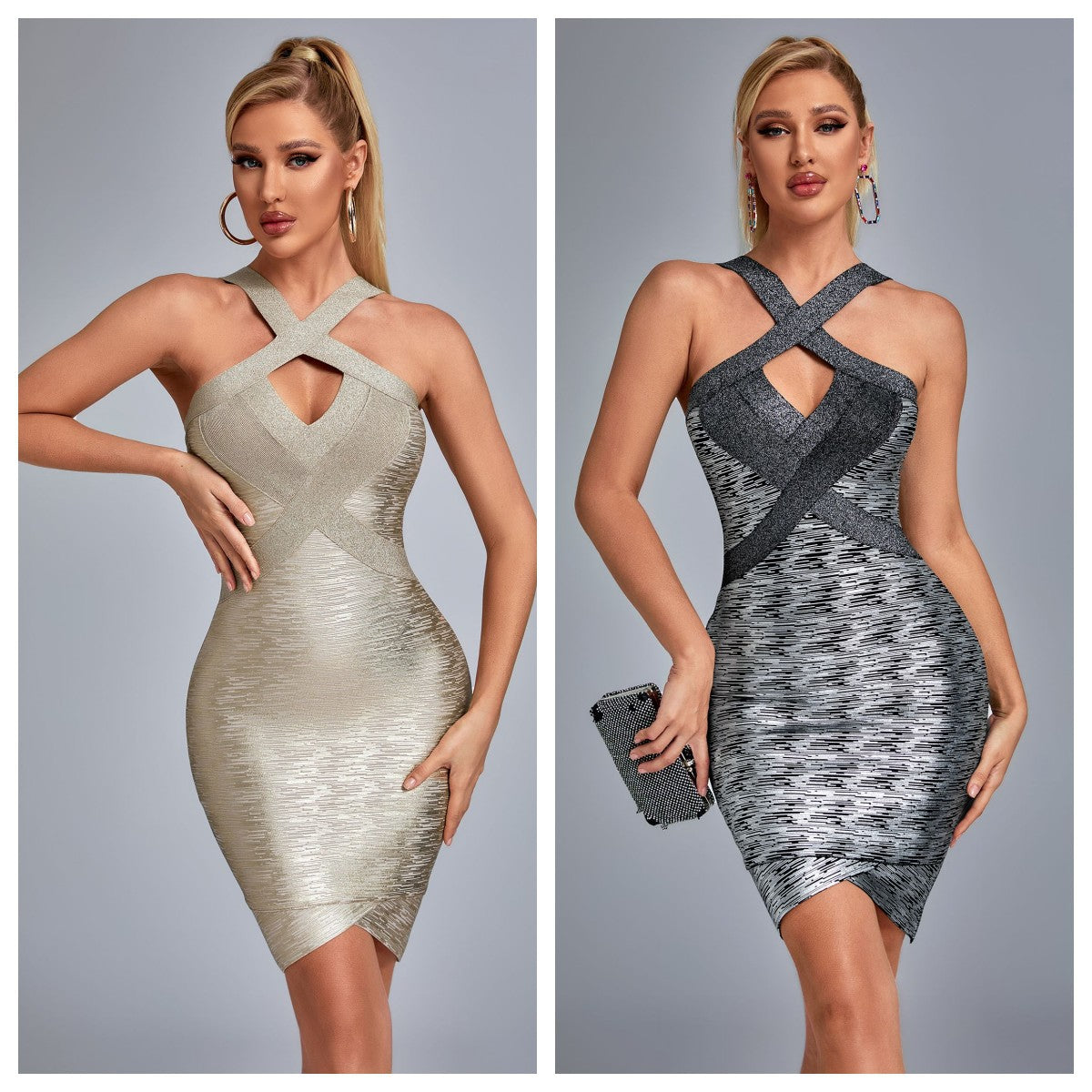 Sleeveless Gold Foil Halter Mini Dress