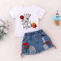 Girls' Printed T-shirt and Denim Skirt Set