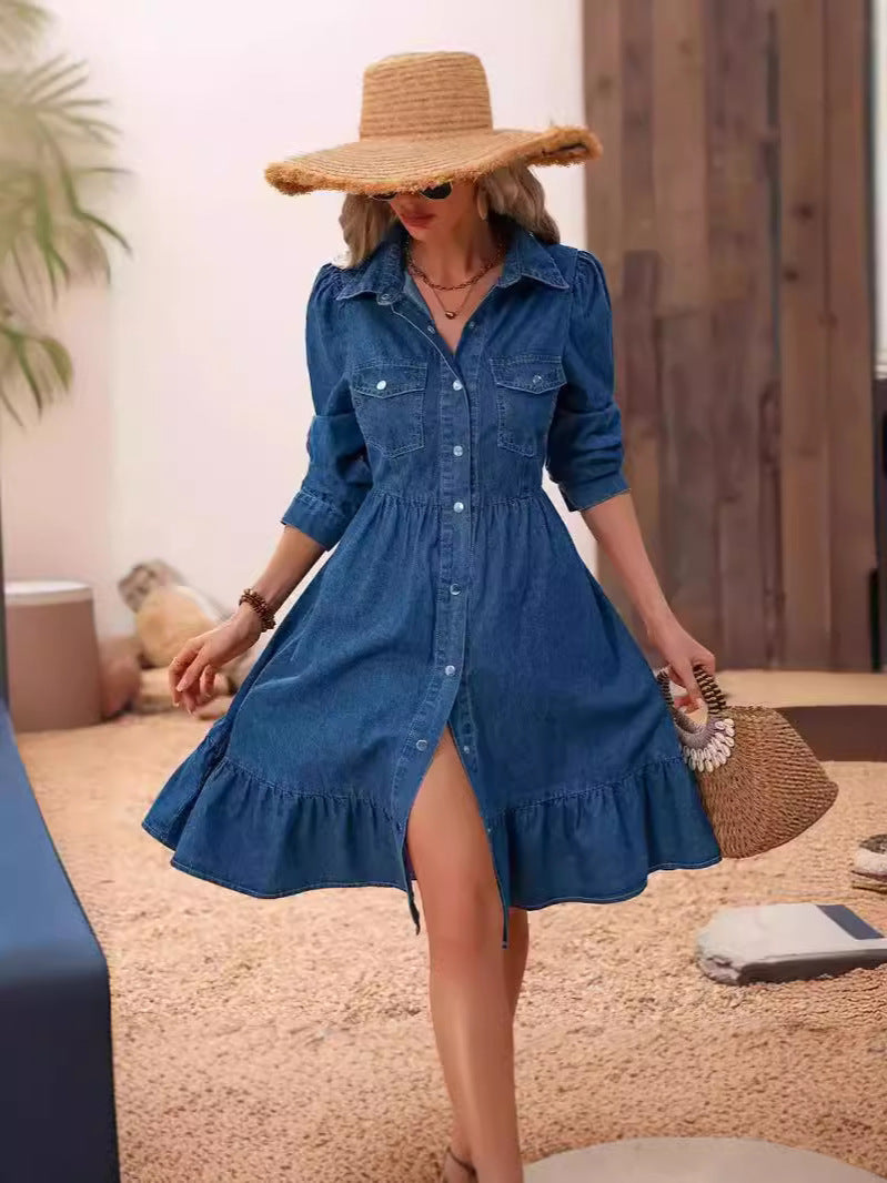 Lapel Spliced Casual Cotton Dress