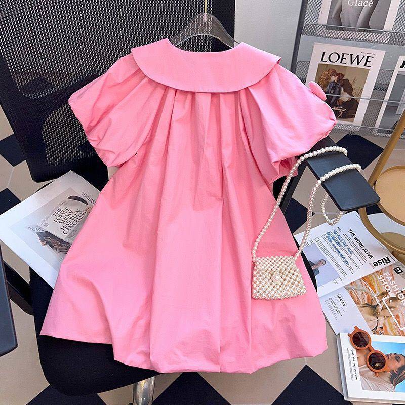 Girls' Heart Collar Puff Sleeve Shirt Dress