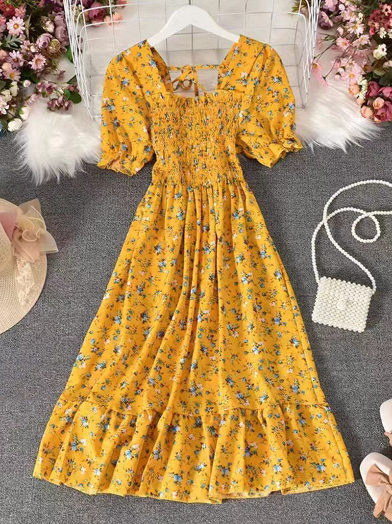 French Retro Floral Print Women Dress