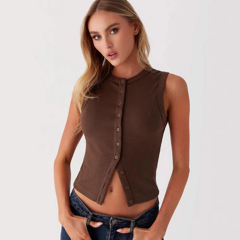Women's Slim-fit Sleeveless Round Neck Button Vest