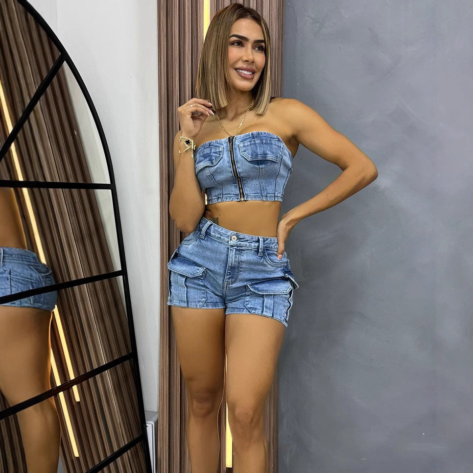 Women's Denim Tube Top and Shorts Set