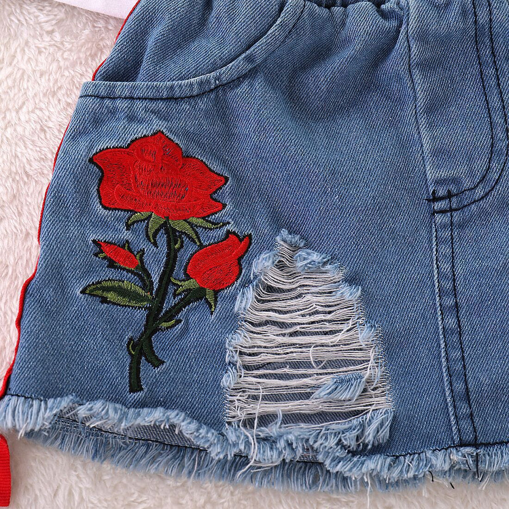 Girls' Printed T-shirt and Denim Skirt Set