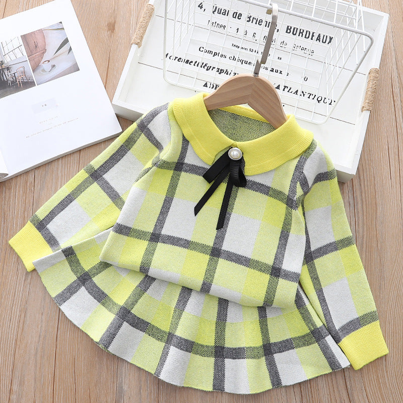 Kids' Knitted Plaid Sweater and Skirt Set