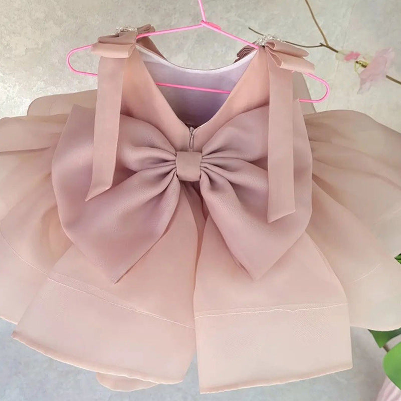 Girls Pink Satin Bow Tutu Dress