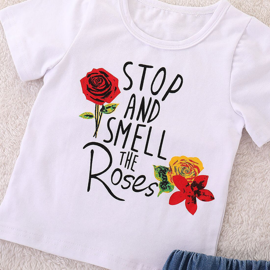 Girls' Printed T-shirt and Denim Skirt Set