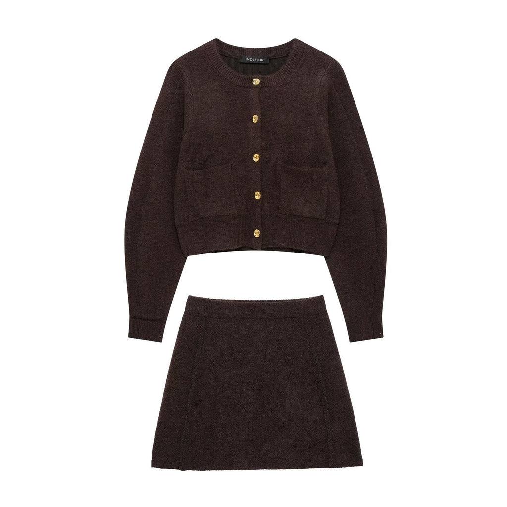 Women's Long sleeve knitted sweater and mini skirt set