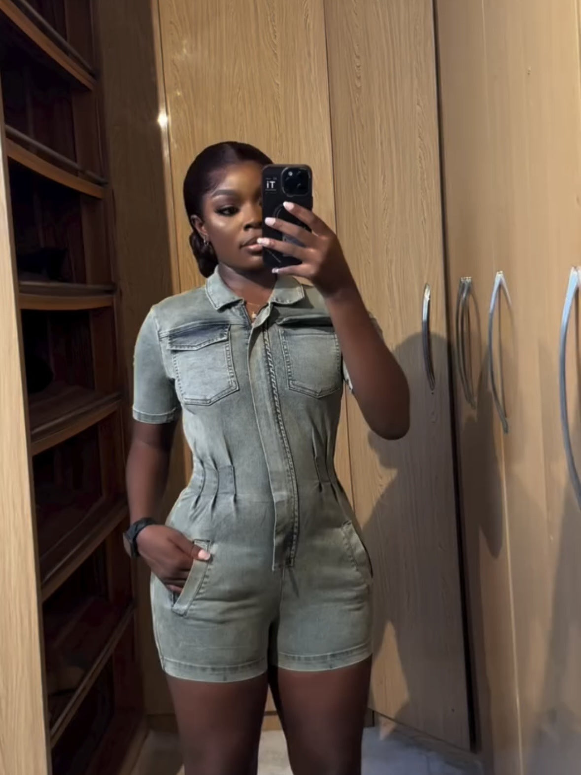 Women's Slim Fit Denim Jumpsuit with Lapel and Zipper