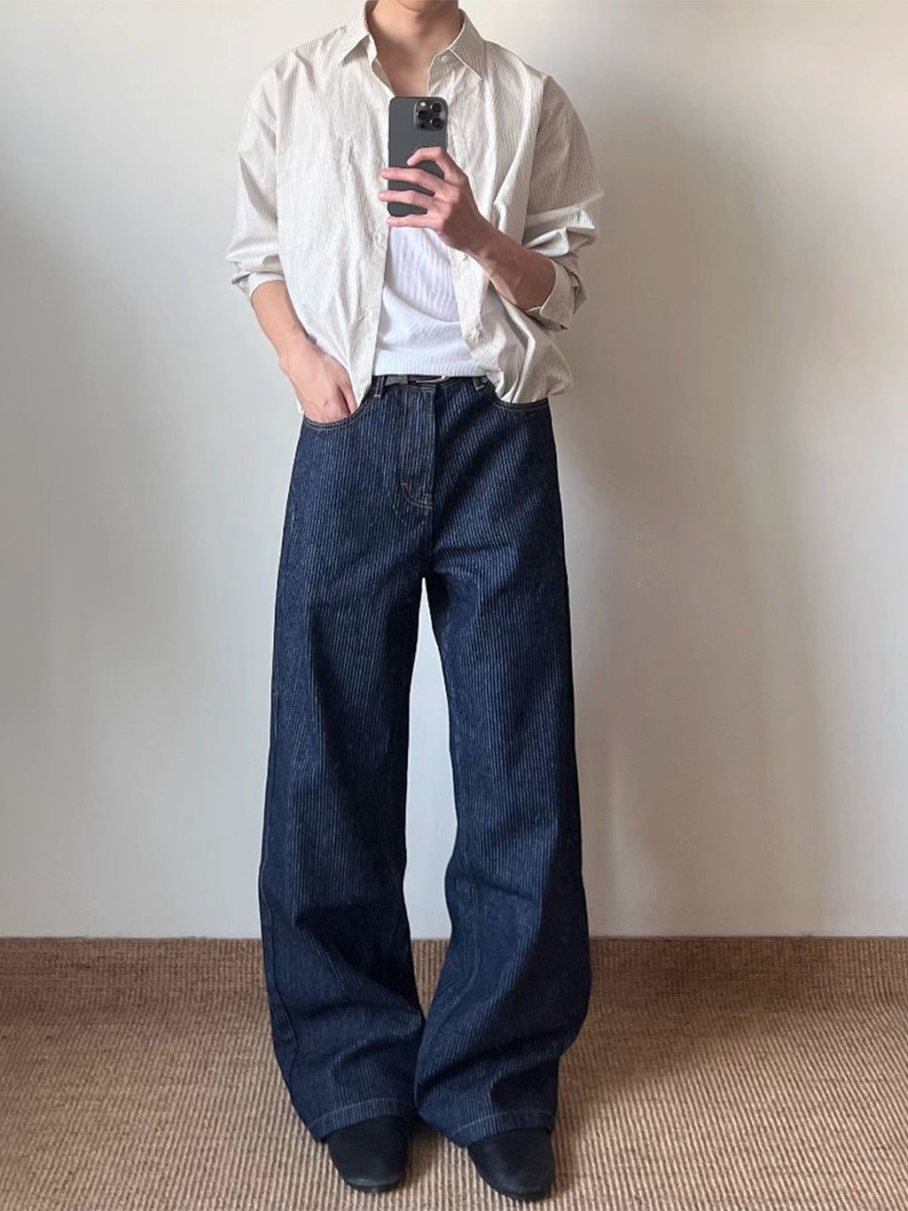 Jeans - Washed straight-leg wide-leg with slight ruffles