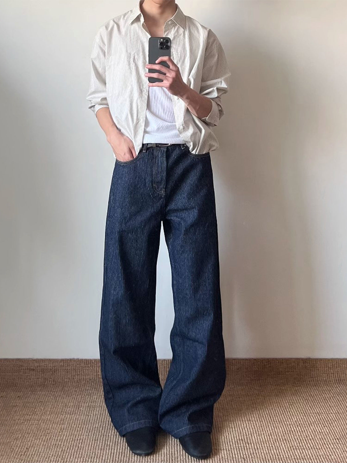 Jeans - Washed straight-leg wide-leg with slight ruffles