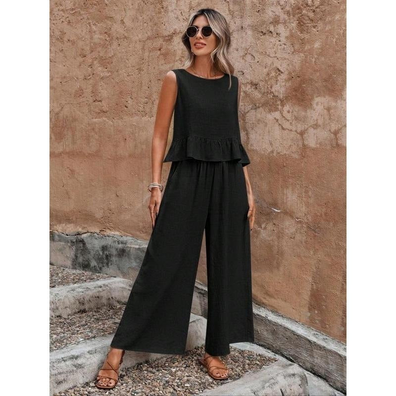 Sleeveless pleated blouse wide-leg nine-inch pants