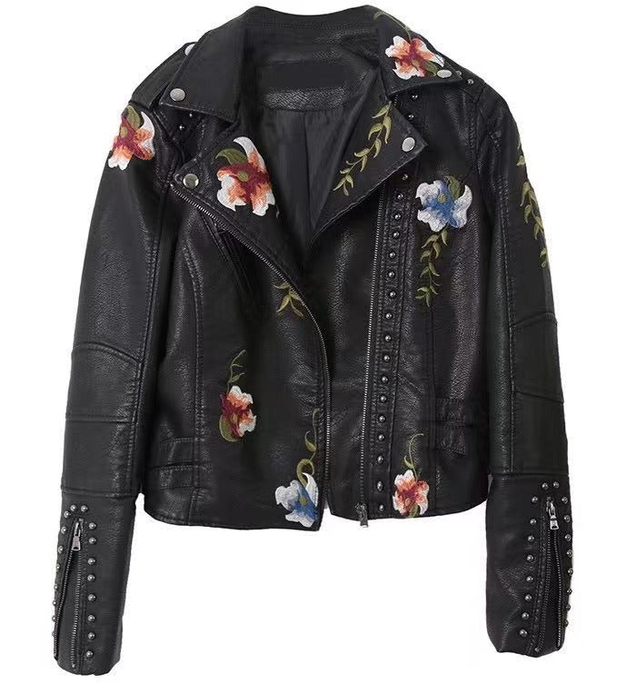 Embroidered rivet leather jacket