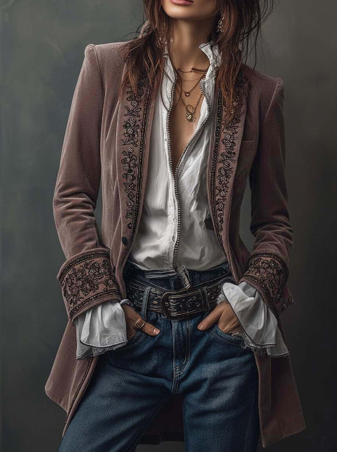 Long Sleeve Solid Color Patchwork Gold Velvet Jacket