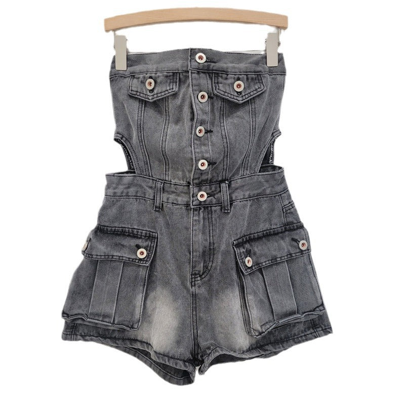 Button-Up Denim Shortalls