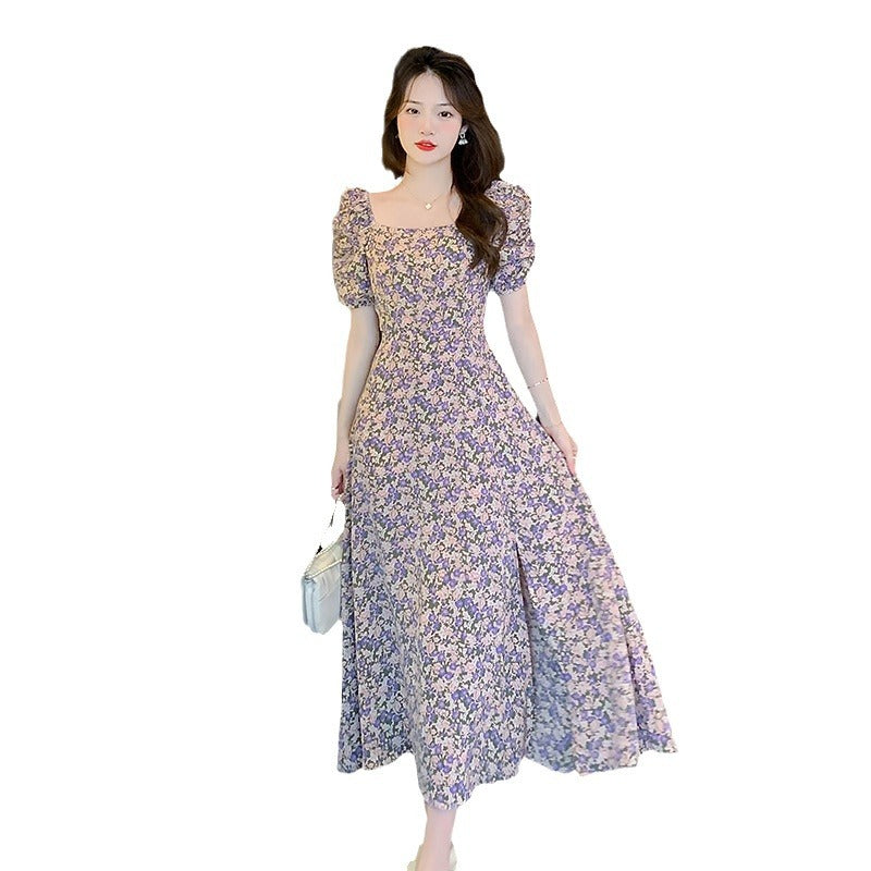 French Floral Print Square Neck Bubble Sleeve Midi Dress